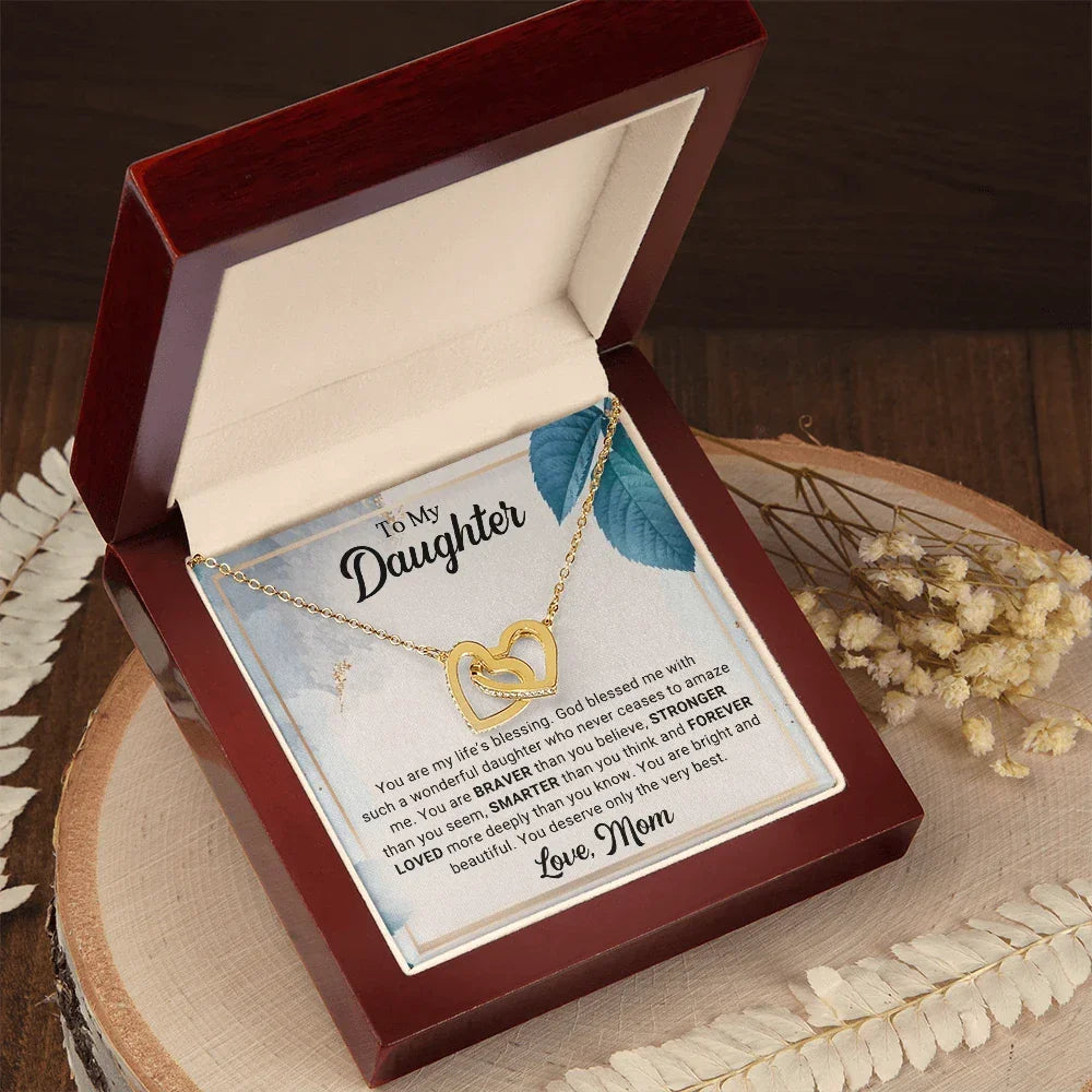 To My Daughter Interlocking Hearts Necklace – Braver, Stronger, Smarter Message from Mom | Faith-Inspired Gift for Birthday or Graduation