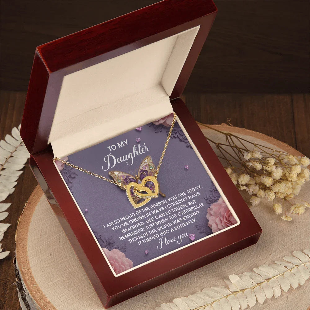 To My Daughter - Interlocking Hearts Necklace – Butterfly Transformation Message – Surgical Steel & Rose Gold Jewelry Gift for Birthday, Graduation, Christmas – Luxury LED Box Option