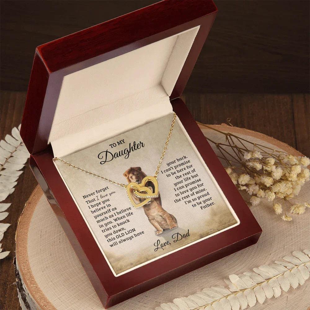 To My Daughter – Interlocking Hearts Necklace Gift from Dad | Old Lion Always Has Your Back | Meaningful Father Daughter Jewelry
