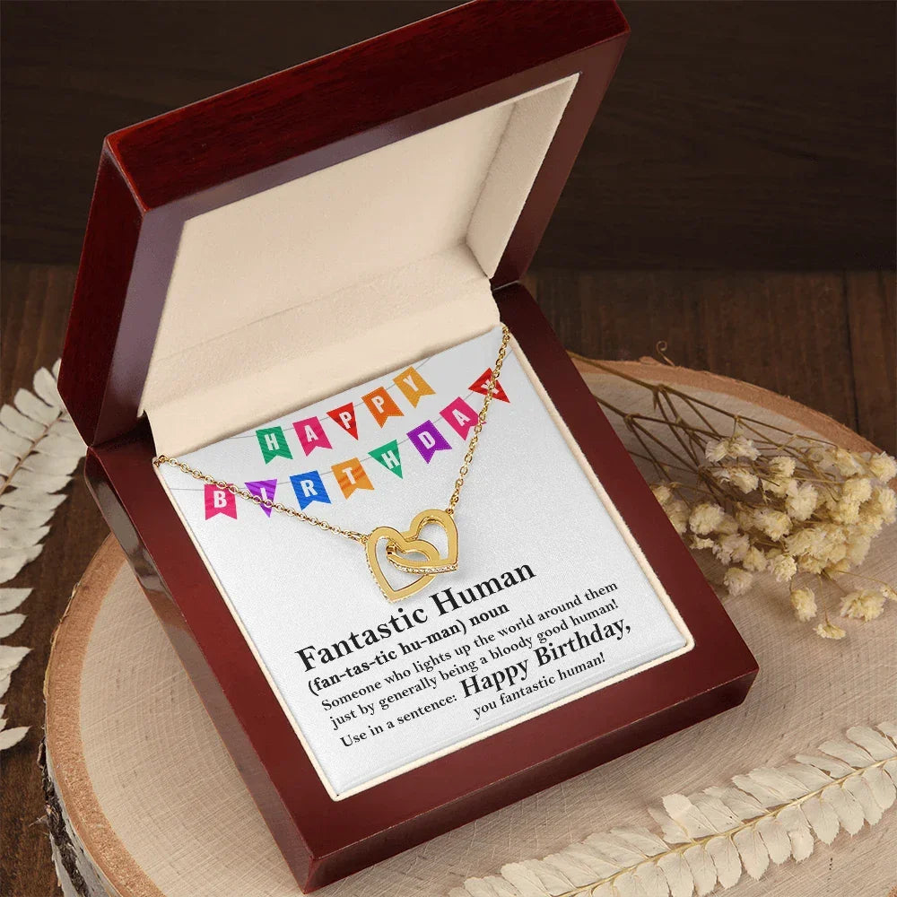 Happy Birthday “Fantastic Human” Interlocking Hearts Necklace | Fun & Heartfelt Birthday Jewelry Gift with Humorous Message Card