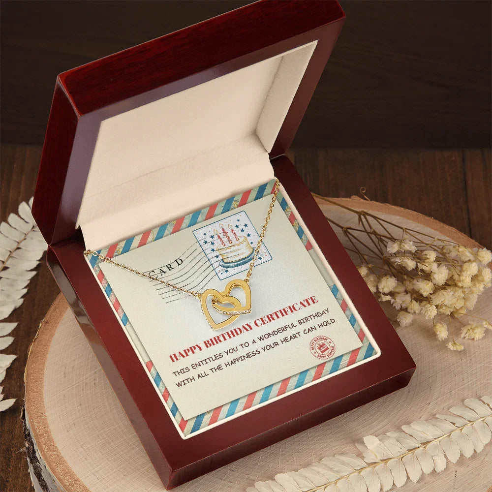 Happy Birthday Personalized Certificate Interlocking Hearts Necklace | Playful Birthday Gift for Her | Fun & Heartfelt Keepsake