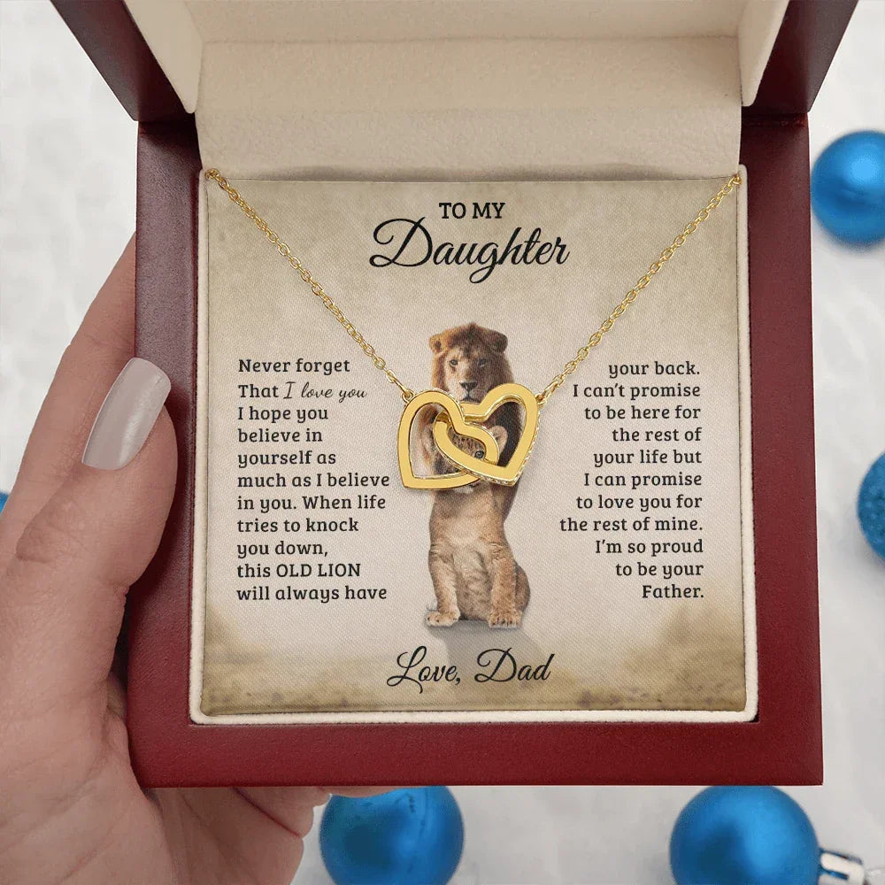 To My Daughter – Interlocking Hearts Necklace Gift from Dad | Old Lion Always Has Your Back | Meaningful Father Daughter Jewelry