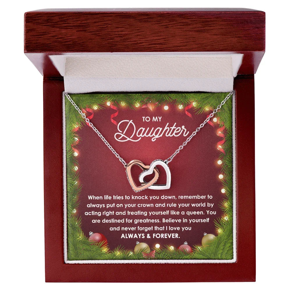 Daughter Gift - You Rule the World - Interlocking Hearts Pendant Necklace Christmas Gift