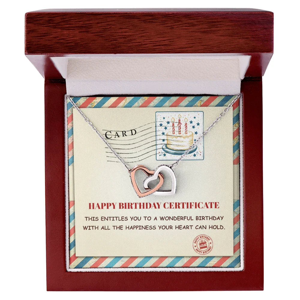 Happy Birthday Personalized Certificate Interlocking Hearts Necklace | Playful Birthday Gift for Her | Fun & Heartfelt Keepsake