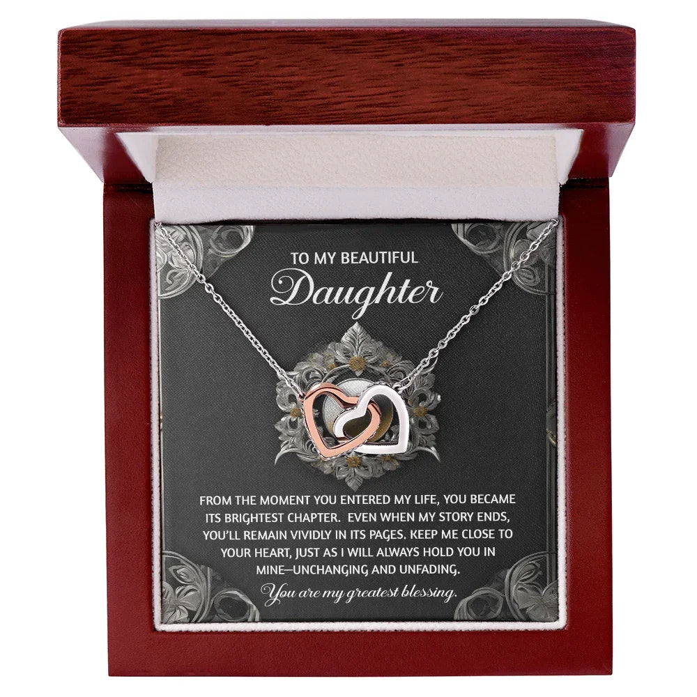To My Beautiful Daughter - Interlocking Hearts Necklace with Sentimental Message – Birthday, Graduation, Christmas Jewelry – Luxury LED Box Option