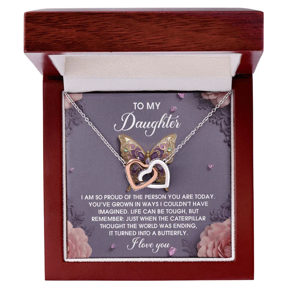 To My Daughter - Interlocking Hearts Necklace – Butterfly Transformation Message – Surgical Steel & Rose Gold Jewelry Gift for Birthday, Graduation, Christmas – Luxury LED Box Option