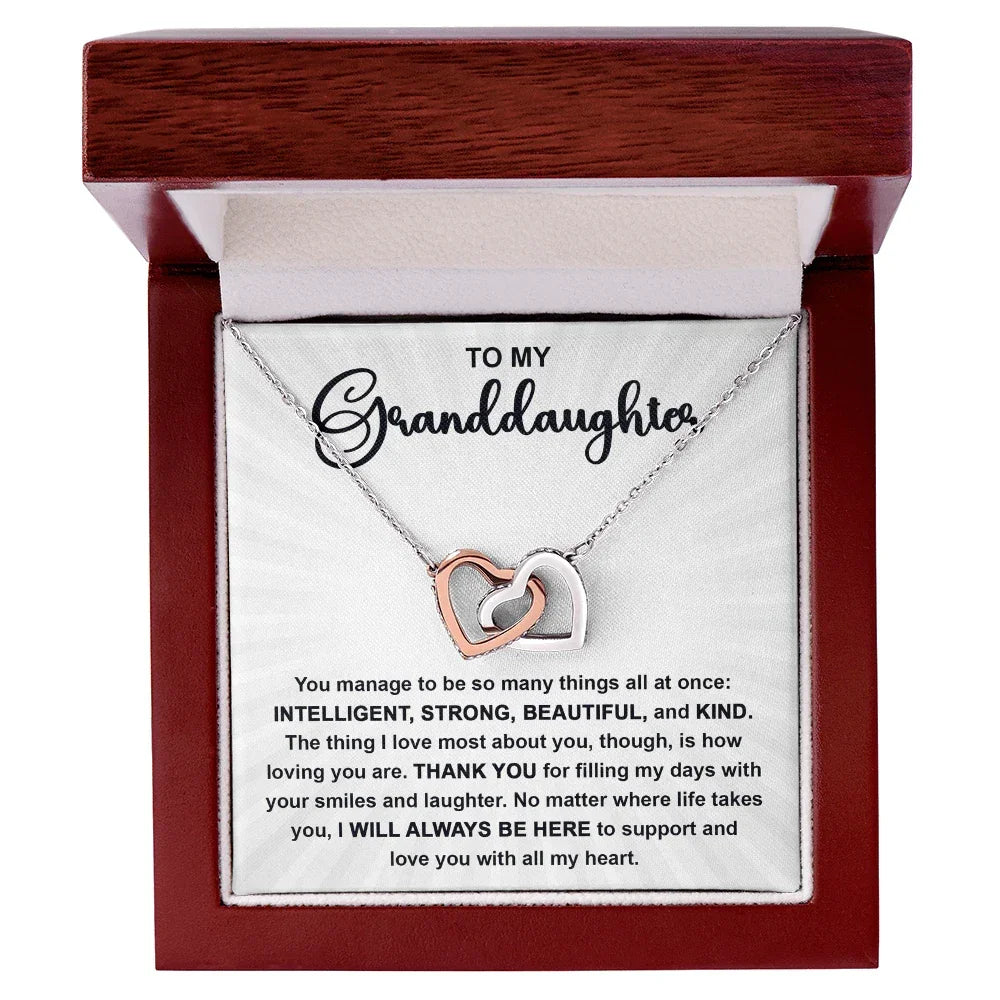 To My Granddaughter Interlocking Hearts Necklace – Intelligent, Strong, Beautiful & Kind Message Card | Heartfelt Gift