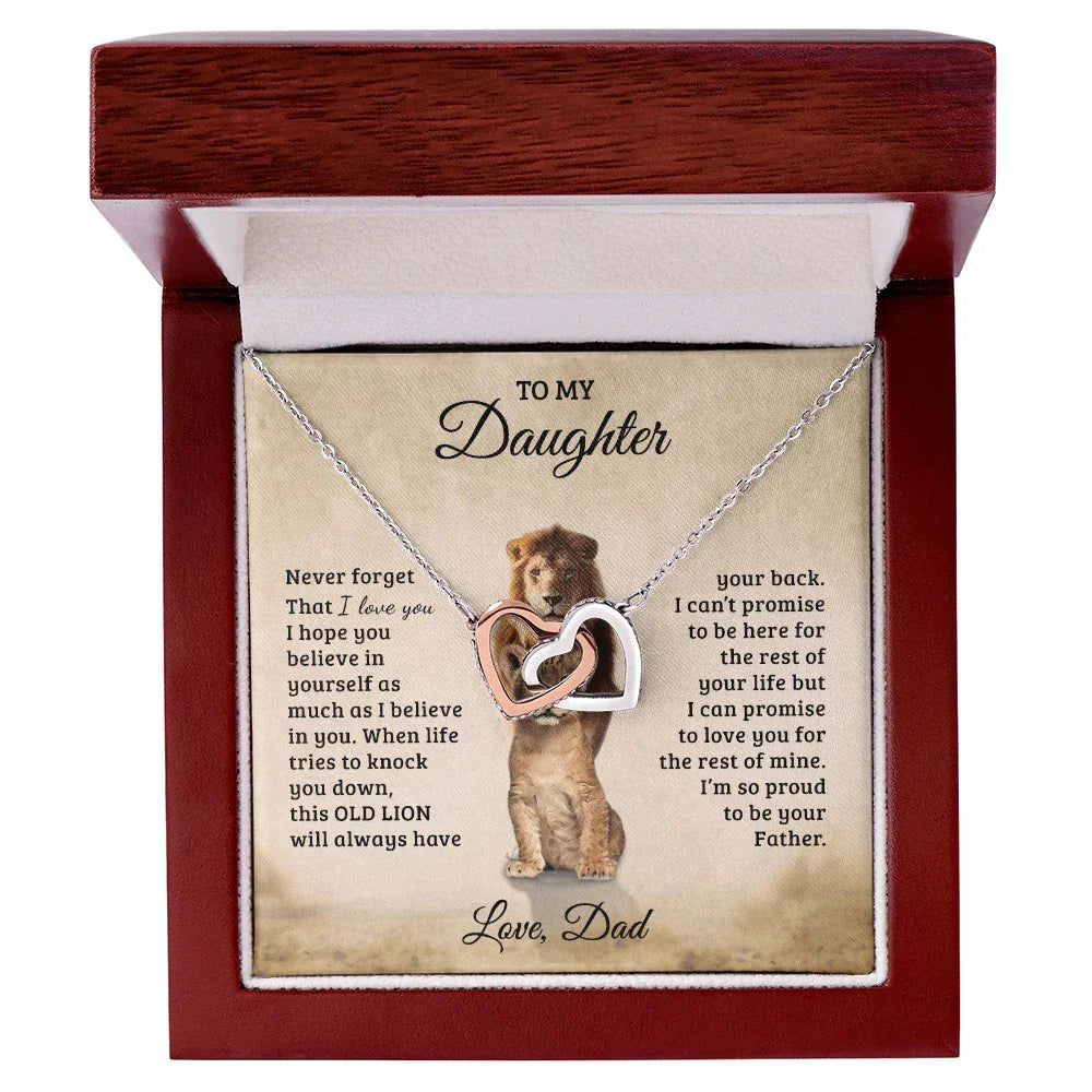 To My Daughter – Interlocking Hearts Necklace Gift from Dad | Old Lion Always Has Your Back | Meaningful Father Daughter Jewelry