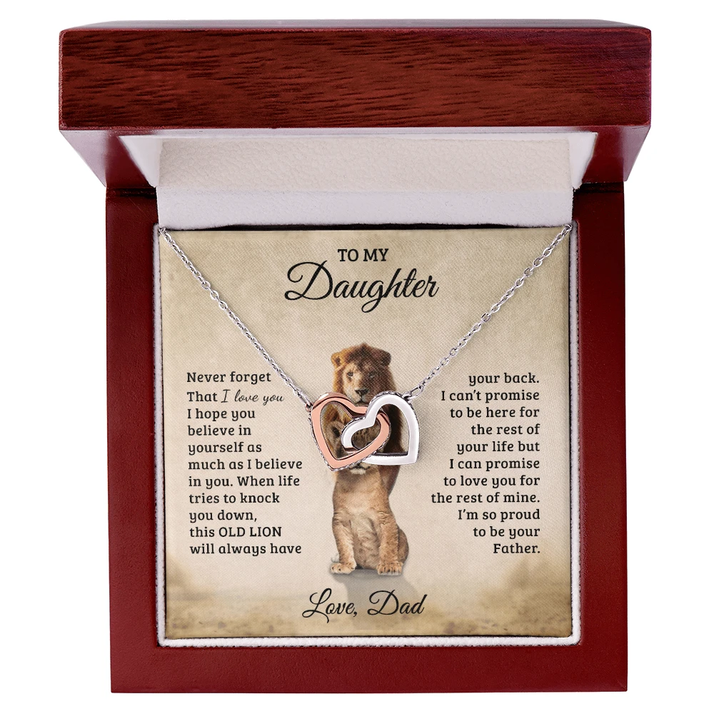 To My Daughter – Interlocking Hearts Necklace Gift from Dad | Old Lion Always Has Your Back | Meaningful Father Daughter Jewelry