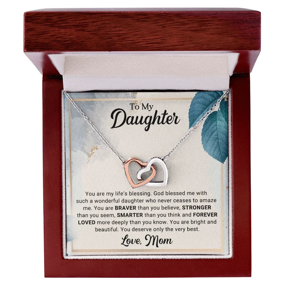 To My Daughter Interlocking Hearts Necklace – Braver, Stronger, Smarter Message from Mom | Faith-Inspired Gift for Birthday or Graduation