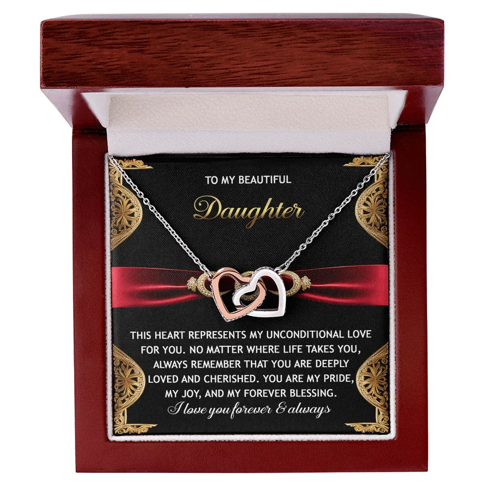 To My Beautiful Daughter - Unconditional Love - Interlocking Hearts Necklace