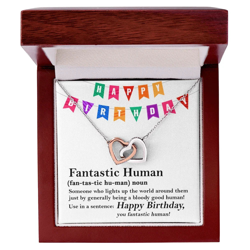 Happy Birthday “Fantastic Human” Interlocking Hearts Necklace | Fun & Heartfelt Birthday Jewelry Gift with Humorous Message Card