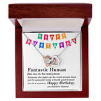 Happy Birthday “Fantastic Human” Interlocking Hearts Necklace | Fun & Heartfelt Birthday Jewelry Gift with Humorous Message Card