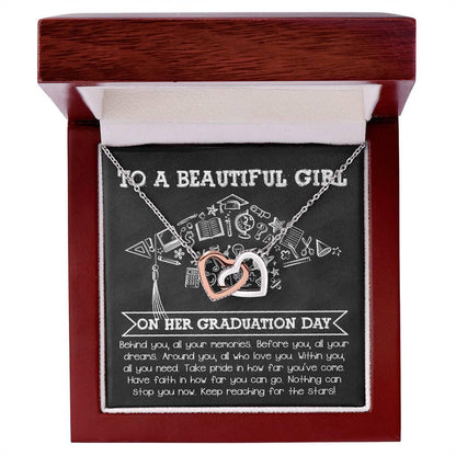 To A Beautiful Girl Graduation Gift Keep Reaching for the Stars Interlocking Hearts Pendant Necklace and Gift Box - Mallard Moon Gift Shop