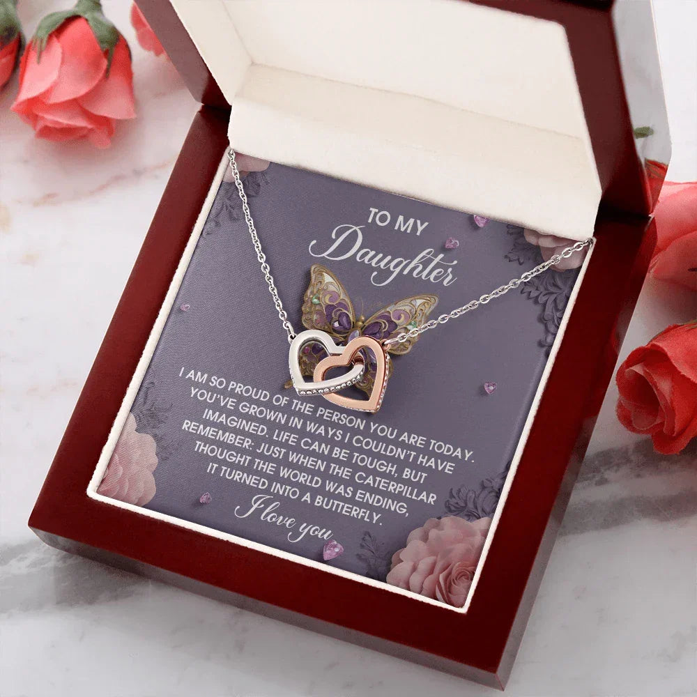 To My Daughter - Interlocking Hearts Necklace – Butterfly Transformation Message – Surgical Steel & Rose Gold Jewelry Gift for Birthday, Graduation, Christmas – Luxury LED Box Option