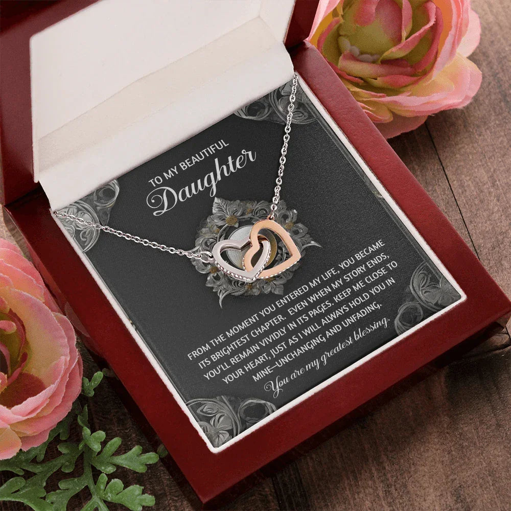 To My Beautiful Daughter - Interlocking Hearts Necklace with Sentimental Message – Birthday, Graduation, Christmas Jewelry – Luxury LED Box Option