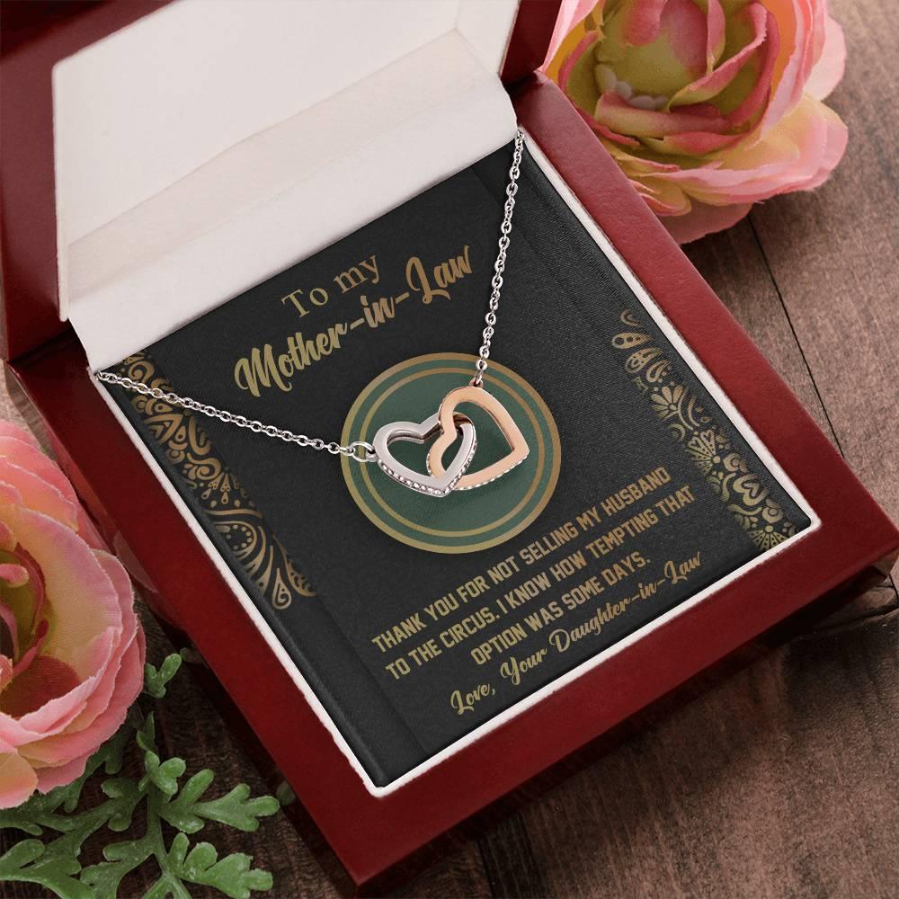 Gift for Mother-in-Law Thank You for Not Selling My Husband to the Circus Cross Interlocking Hearts Necklace - Mallard Moon Gift Shop