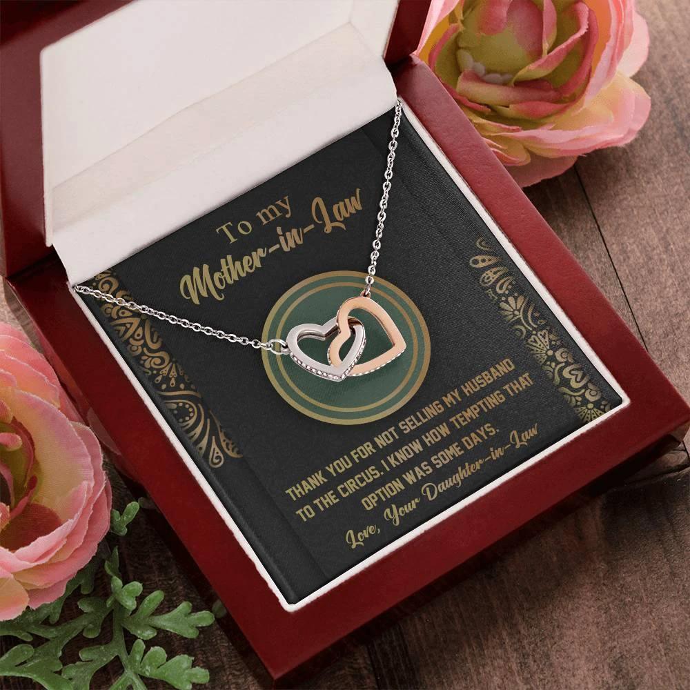 Gift for Mother-in-Law Thank You for Not Selling My Husband to the Circus Cross Interlocking Hearts Necklace