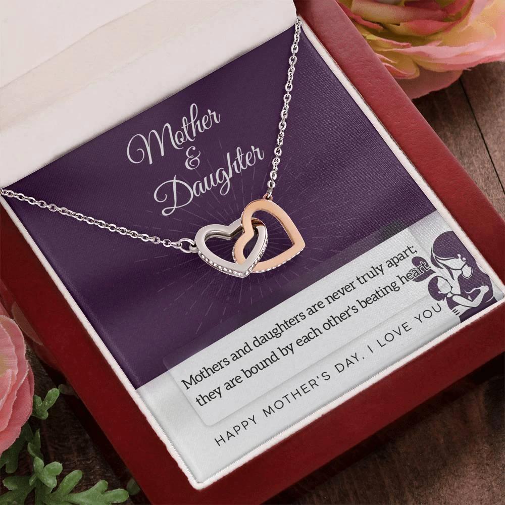 Mother Jewelry - Mothers and Daughters Never Apart Interlocking Hearts Necklace with Gift Box