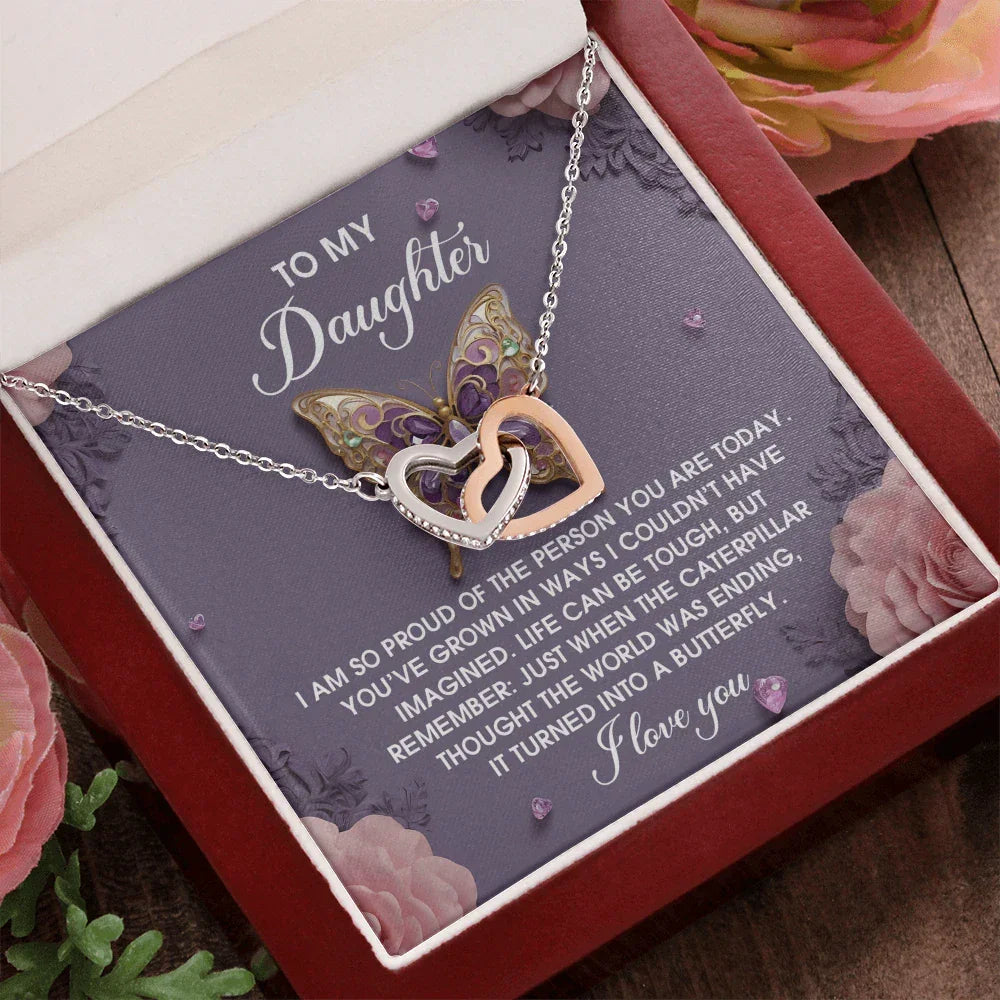 To My Daughter - Interlocking Hearts Necklace – Butterfly Transformation Message – Surgical Steel & Rose Gold Jewelry Gift for Birthday, Graduation, Christmas – Luxury LED Box Option