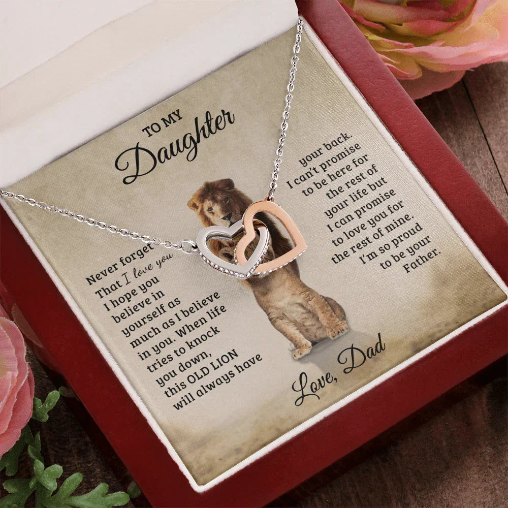 To My Daughter – Interlocking Hearts Necklace Gift from Dad | Old Lion Always Has Your Back | Meaningful Father Daughter Jewelry