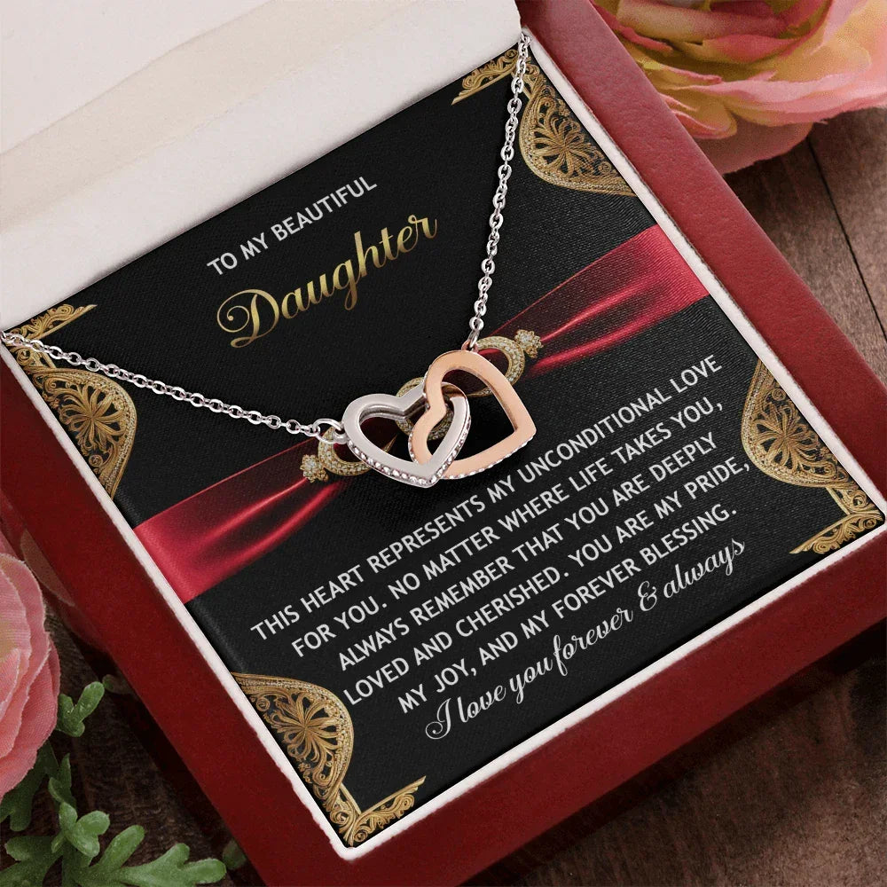 To My Beautiful Daughter - Unconditional Love - Interlocking Hearts Necklace