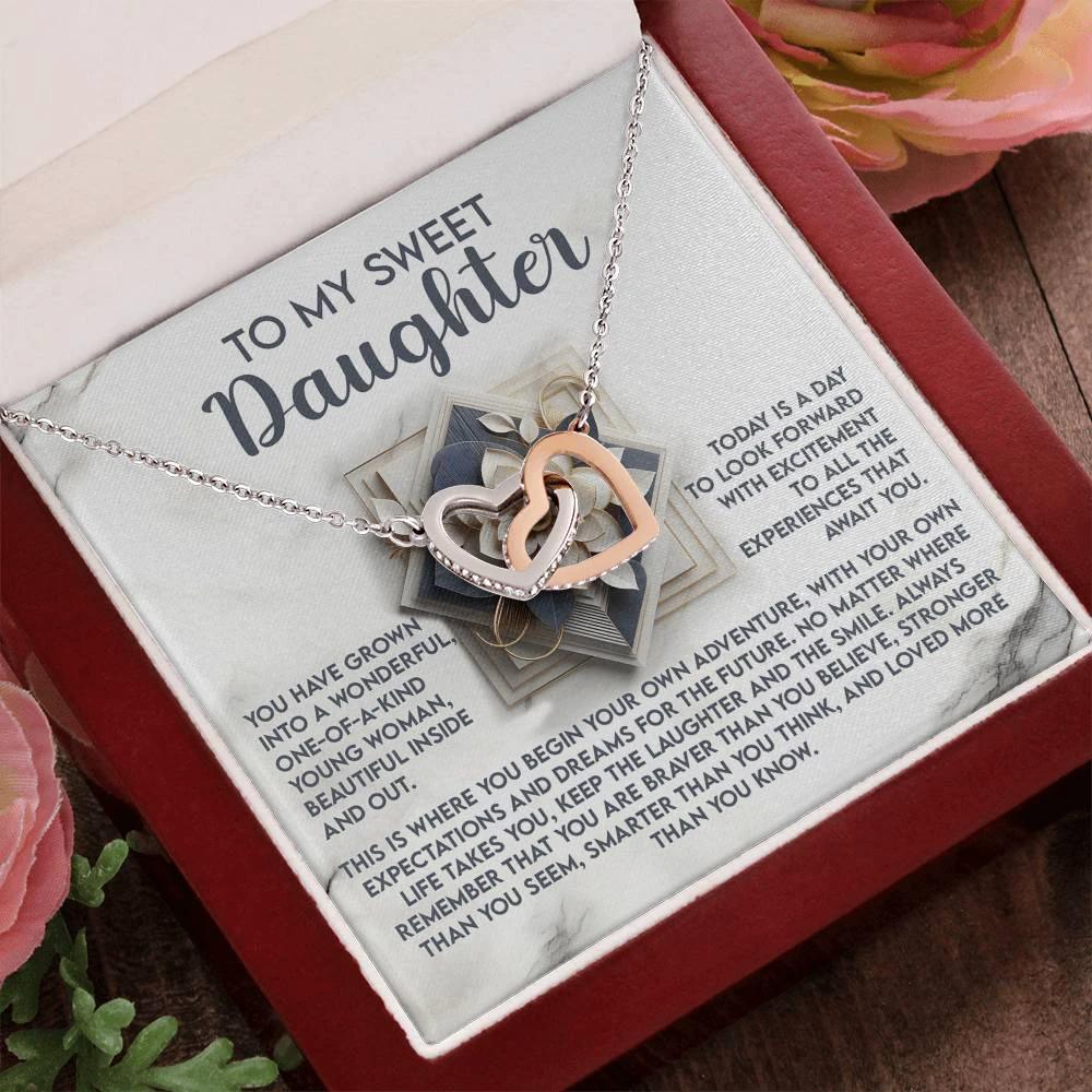 To My Sweet Daughter - Begin Your Adventure - Interlocking Hearts Necklace – Inspirational Gift for Confidence & Strength