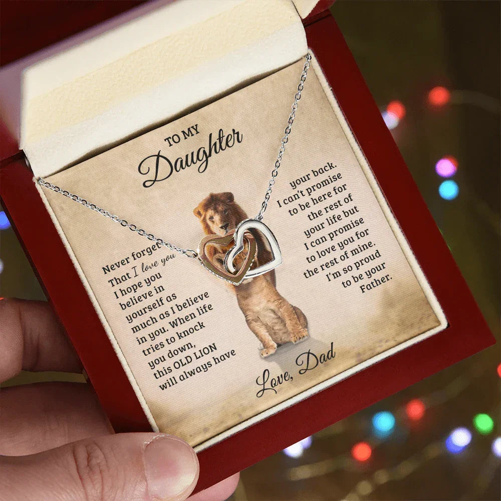 To My Daughter – Interlocking Hearts Necklace Gift from Dad | Old Lion Always Has Your Back | Meaningful Father Daughter Jewelry