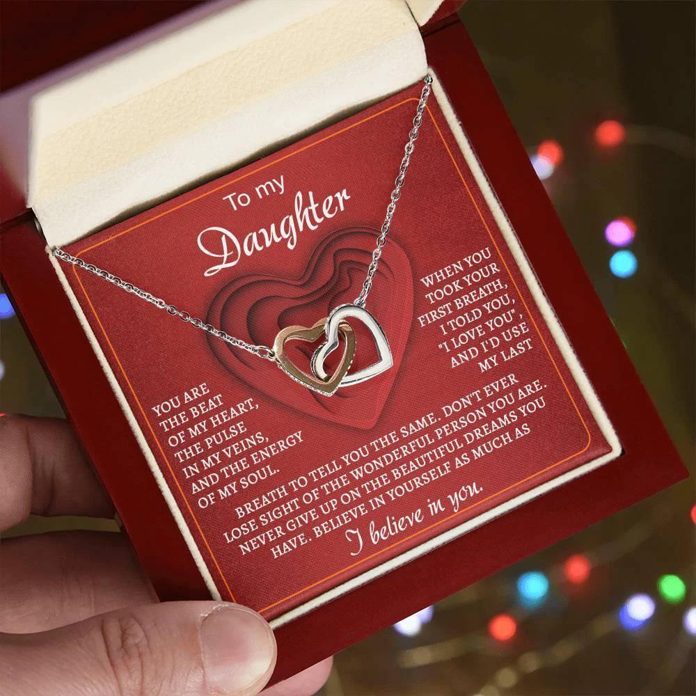 To My Daughter You Are the Beat of My Heart Interlocking Hearts Necklace
