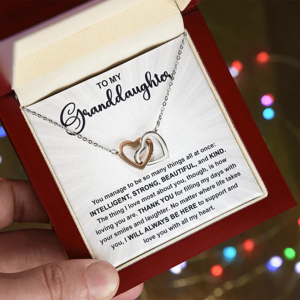 To My Granddaughter Interlocking Hearts Necklace – Intelligent, Strong, Beautiful & Kind Message Card | Heartfelt Gift