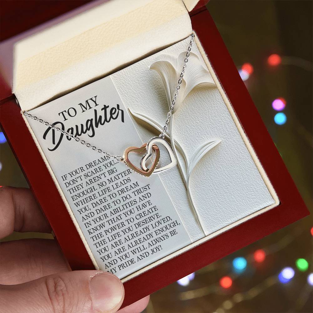 To My Daughter - Dare to Dream - Interlocking Hearts Necklace – Inspirational Gift for Strength & Ambition - Mallard Moon Gift Shop