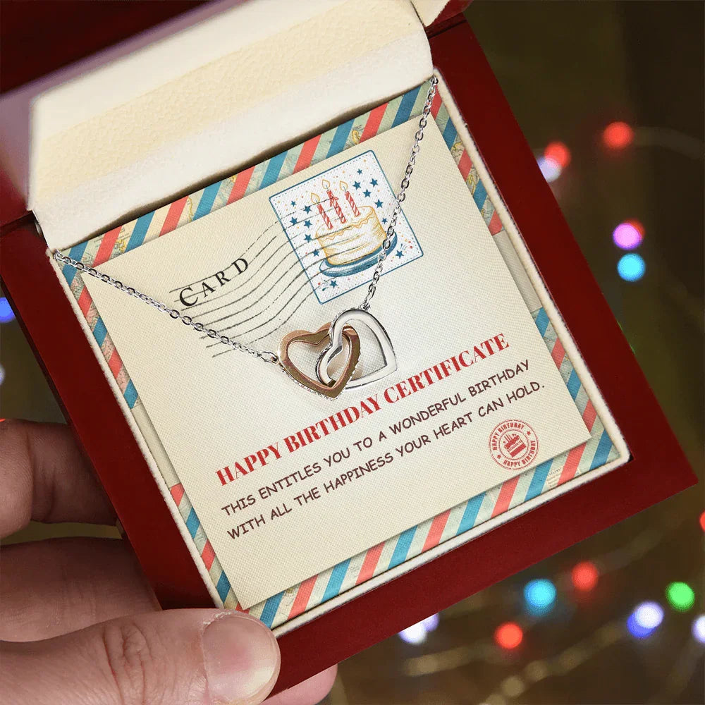 Happy Birthday Personalized Certificate Interlocking Hearts Necklace | Playful Birthday Gift for Her | Fun & Heartfelt Keepsake