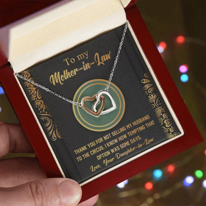 Gift for Mother-in-Law Thank You for Not Selling My Husband to the Circus Cross Interlocking Hearts Necklace - Mallard Moon Gift Shop