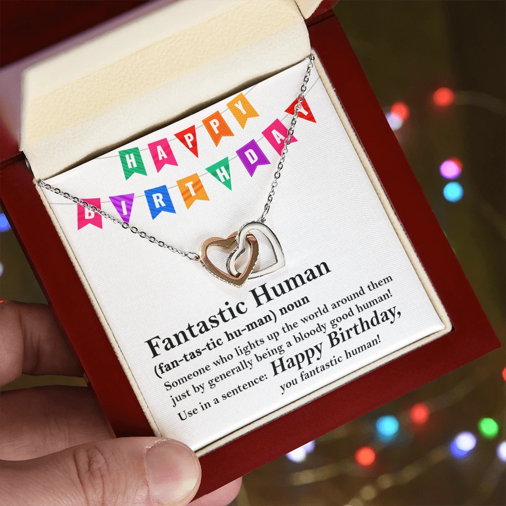 Happy Birthday “Fantastic Human” Interlocking Hearts Necklace | Fun & Heartfelt Birthday Jewelry Gift with Humorous Message Card