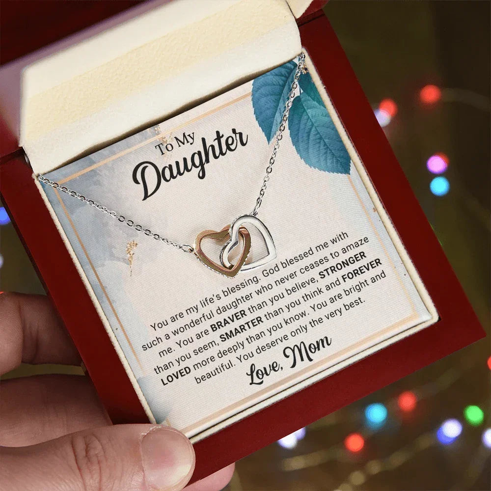 To My Daughter Interlocking Hearts Necklace – Braver, Stronger, Smarter Message from Mom | Faith-Inspired Gift for Birthday or Graduation