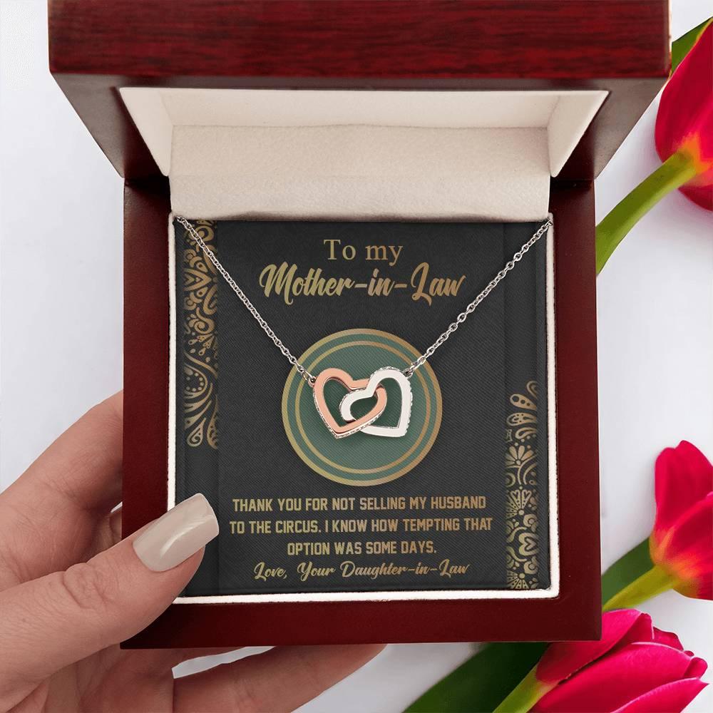 Gift for Mother-in-Law Thank You for Not Selling My Husband to the Circus Cross Interlocking Hearts Necklace - Mallard Moon Gift Shop