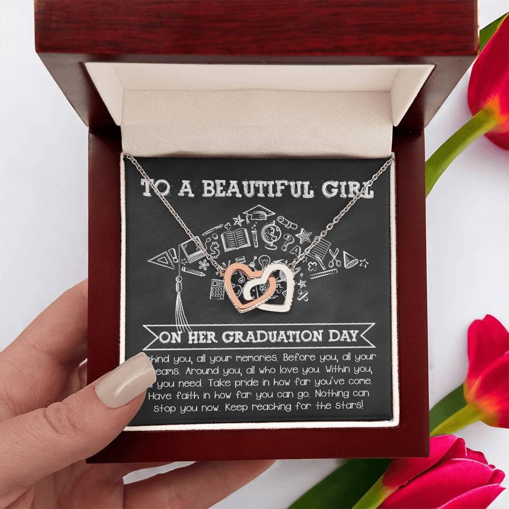 To A Beautiful Girl Graduation Gift Keep Reaching for the Stars Interlocking Hearts Pendant Necklace and Gift Box - Mallard Moon Gift Shop