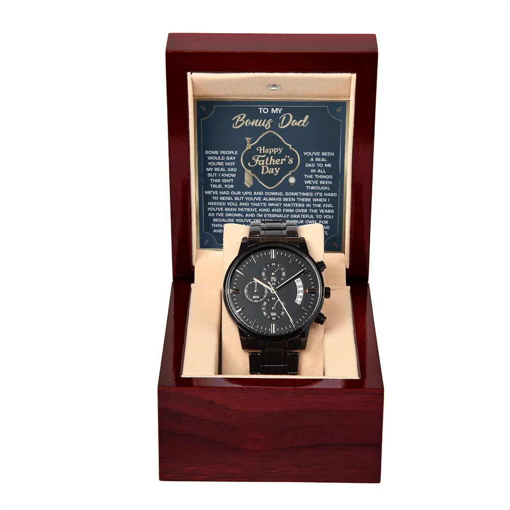 Bonus Dad Black Chronograph Watch – “Real Love, Real Dad” Elegant Father's Day Gift from Stepson or Stepdaughter, Luxury Stainless Steel Watch Premium Gift Box