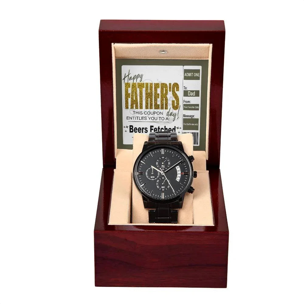 Beers Fetched Dad Coupon Father's Day Gift – Funny Metal Chronograph Watch for Dad from Favorite Child – “Happy Father’s Day” Coupon Message Card – Gag Gift with Sentimental Touch