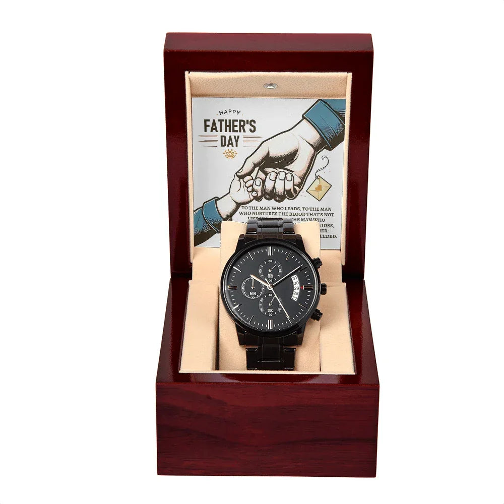 Bonus Dad Father's Day Black Chronograph Watch – Elegant Gift for Stepdad, Father Figure, Mentor – Luxury Stainless Steel Timepiece with Copper Dial & Engraved Message Card