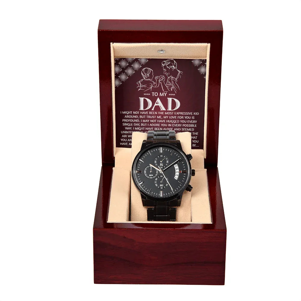To My Dad Chronograph Watch - Heartfelt Expressive Love Message Card Gift for Dad from Child - Stylish Black Stainless-Steel Timepiece - Father's Day, Birthday, Christmas Keepsake for Dad
