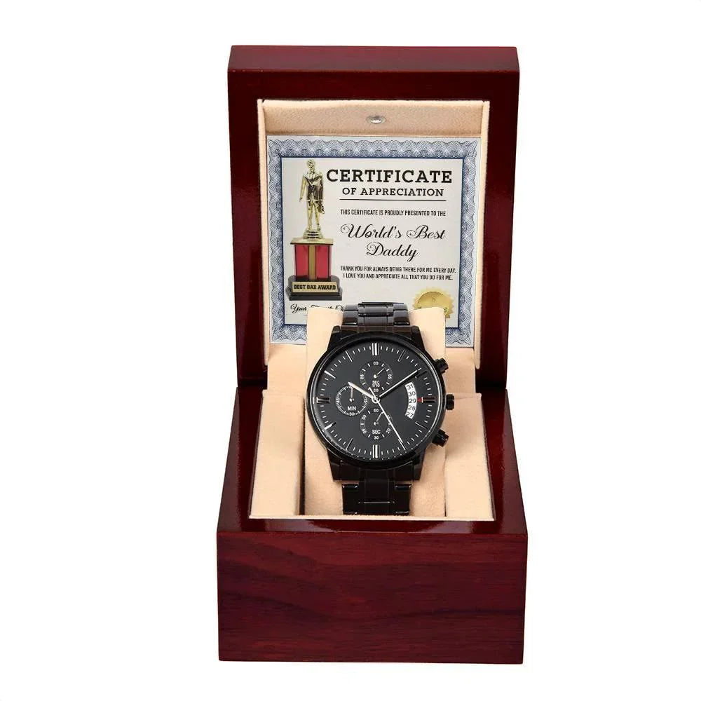 Dad Gift Certificate of World's Best Daddy Black Chronograph Watch