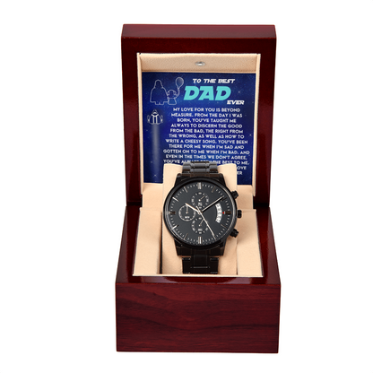 To the Best Dad Ever Black Chronograph Watch Gift – Meaningful Father's Day Gift from Son or Daughter, Thoughtful Dad Appreciation Keepsake, Water-Resistant Stainless Steel Watch with Sentimental Message Card - Mallard Moon Gift Shop