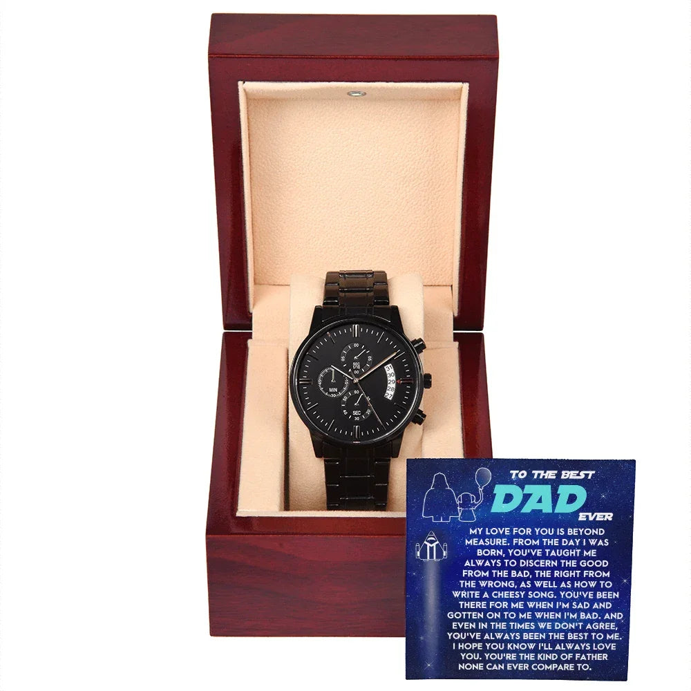 To the Best Dad Ever Black Chronograph Watch Gift – Meaningful Father's Day Gift from Son or Daughter, Thoughtful Dad Appreciation Keepsake, Water-Resistant Stainless Steel Watch with Sentimental Message Card