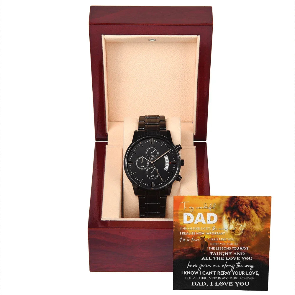 To My Dad Lion Chronograph Watch – Heartfelt Father's Day Gift from Son or Daughter – Black Steel Timepiece with Touching Message Card – "I Can't Repay Your Love, Dad, I Love You"