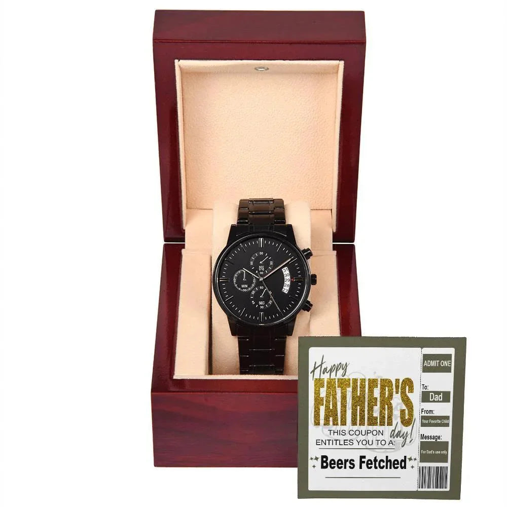 Beers Fetched Dad Coupon Father's Day Gift – Funny Metal Chronograph Watch for Dad from Favorite Child – “Happy Father’s Day” Coupon Message Card – Gag Gift with Sentimental Touch