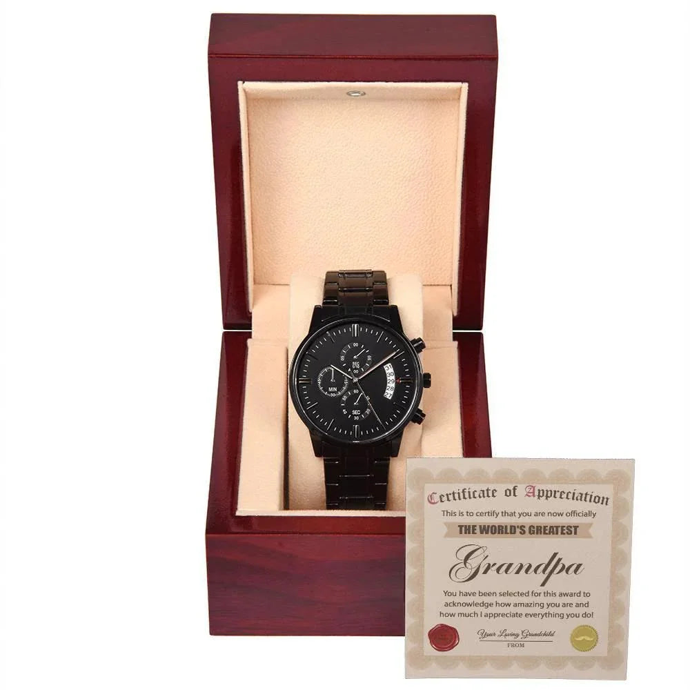 Certificate of Appreciation for the World's Greatest Grandpa Black Chronograph Watch
