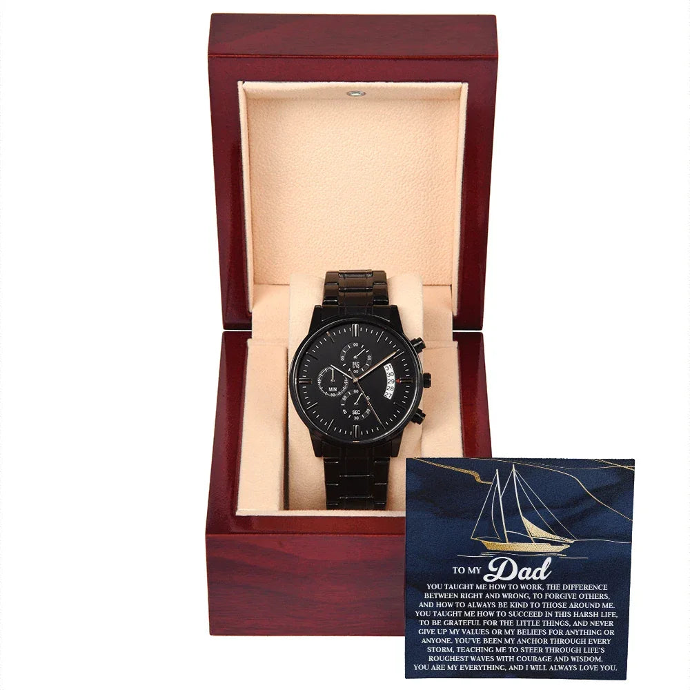 To My Dad Men's Black Chronograph Watch with Life Anchor Message Card – Father's Day Gift for Dad – Sentimental Gift from Son or Daughter – Water Resistant Luxury Timepiece