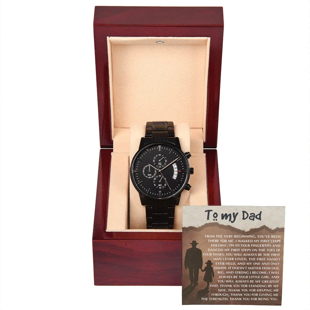 To My Dad - First Love Father Daughter Message Card with Luxury Black Chronograph Watch - Meaningful Father's Day Gift from Daughter