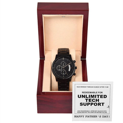 Gift for Dad - Redeem for Unlimited Tech Support - Black Chronograph Watch - Mallard Moon Gift Shop